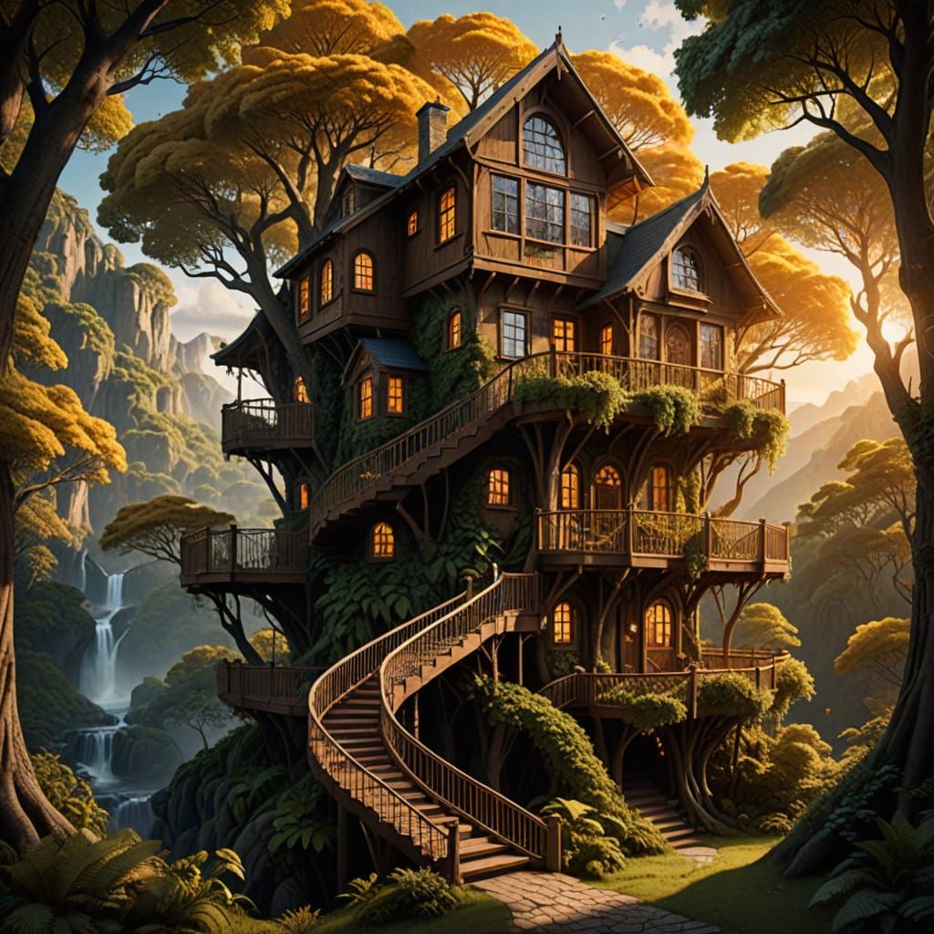 Epic Treehouse in Enchanted Forest Landscape, Digital Matte...