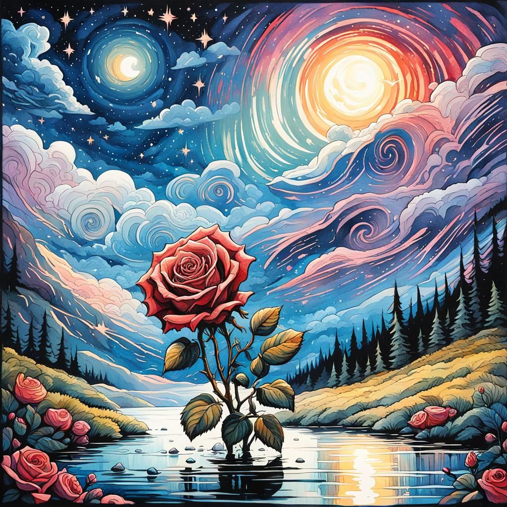 Ethereal Rose Under Starry Night in Gothic Watercolor