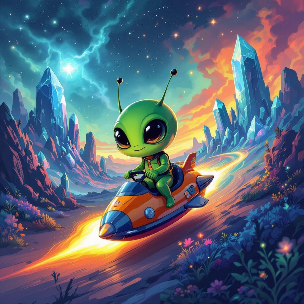 Cute Green Alien Rides Rocket Scooter on Surreal World
