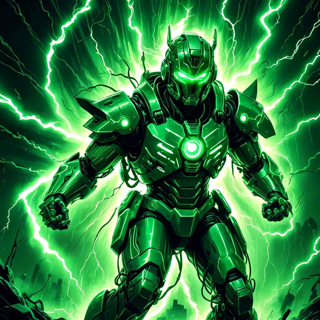 Cybernetic Warrior Controls Lightning in Synthwave Style