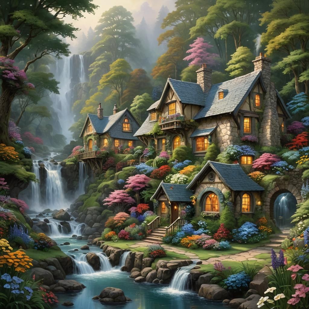 Enchanting Witch Cottage by Waterfall in Forest