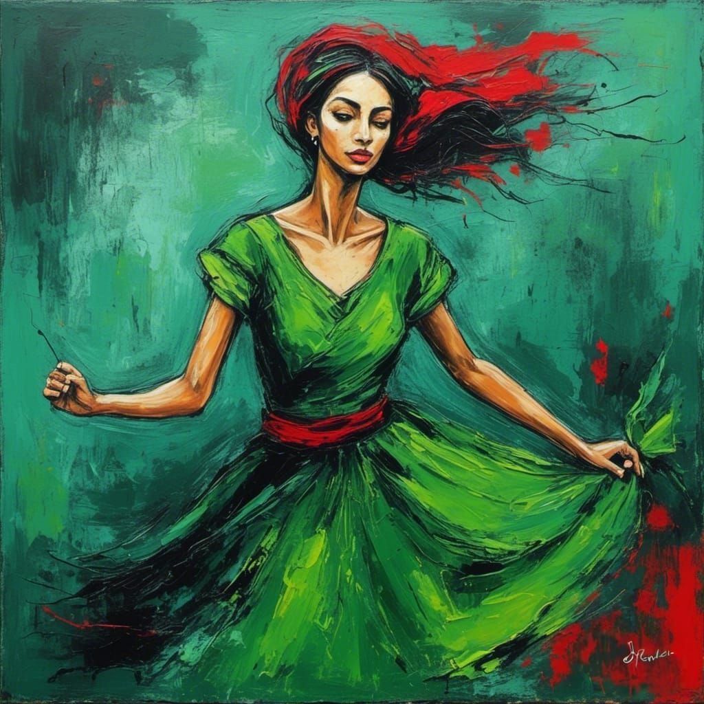 Dancing Palestinian Woman in Oil Chalk Painting Style