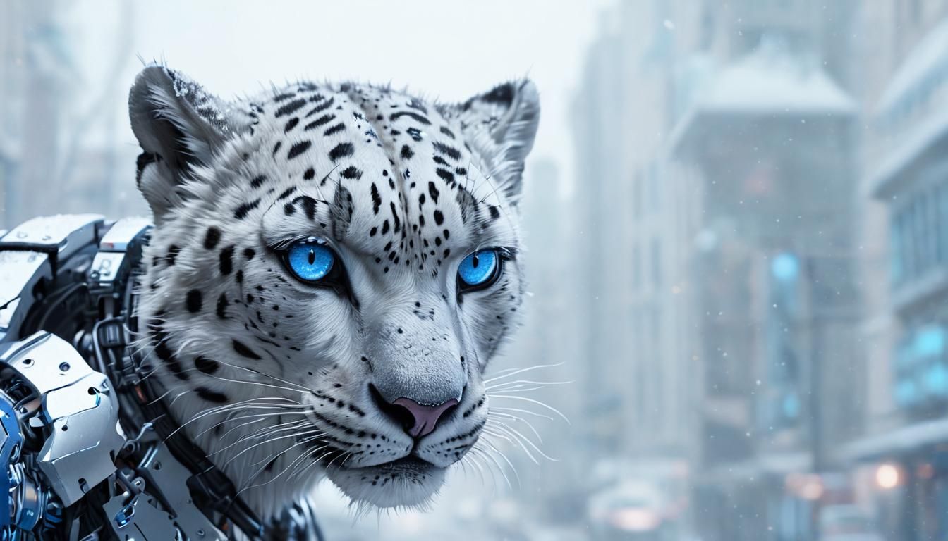 Snow Leopard Cyborg in Neon Noir Cityscape