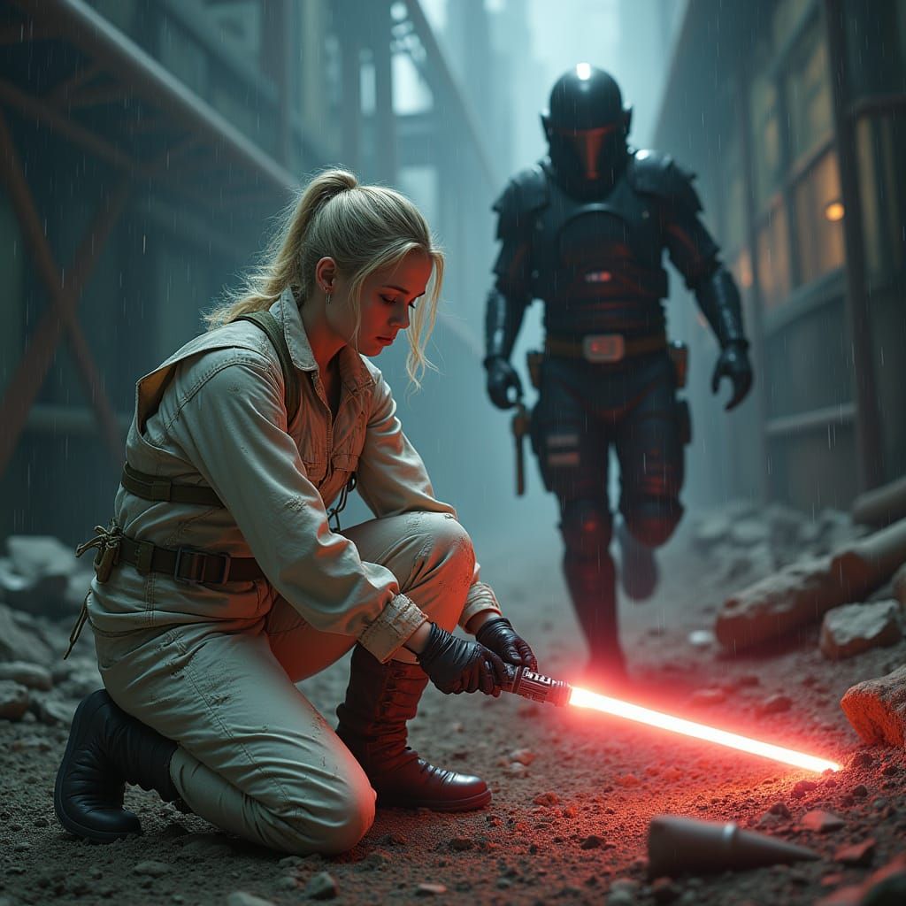 Woman with Lightsaber in Sci-Fi Battle Scene