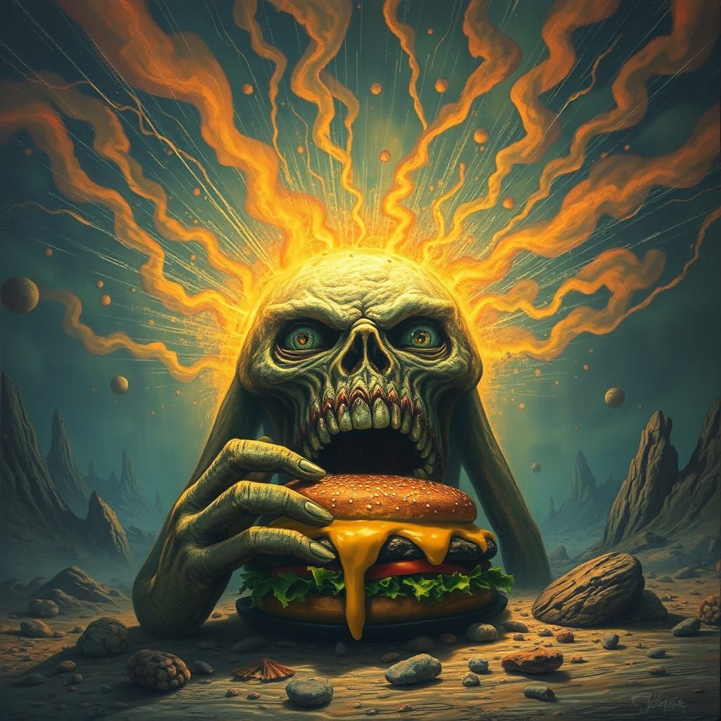 Beksiński-esque Monster Devouring Cheeseburger