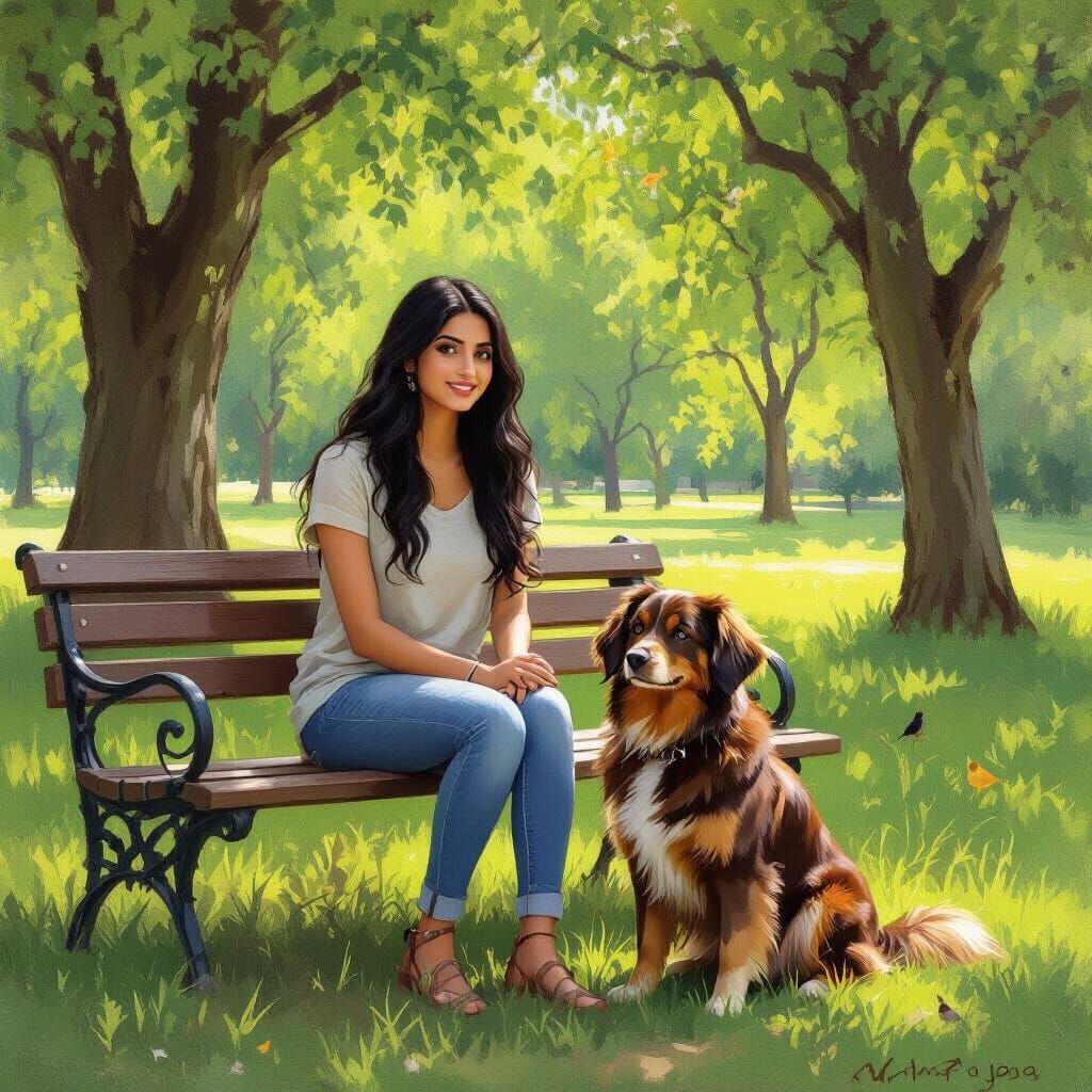 Indian Woman and Dog in Impressionist Park Scene