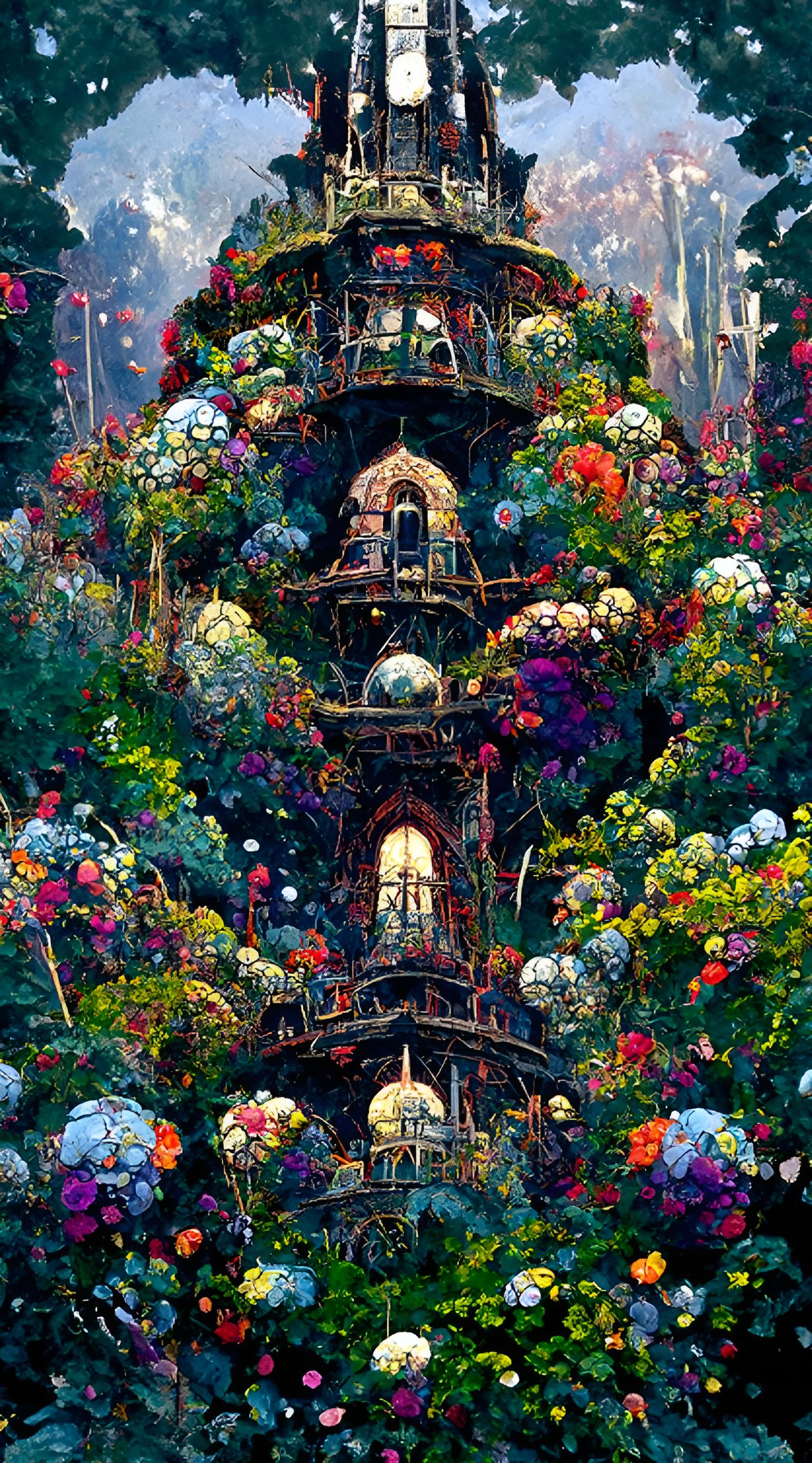 Enchanted Tower Garden with Celestial Phenomenon