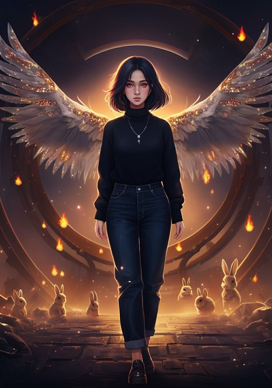 Elegant Thai Woman with Angel Wings in Surreal Landscape