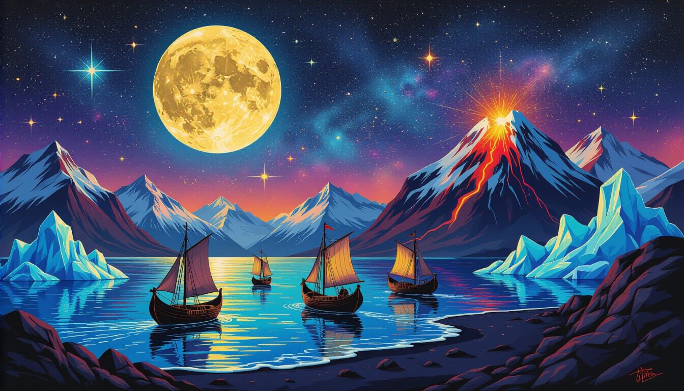 Dark Fantasy Gothic Map with Viking Ships and Volcano