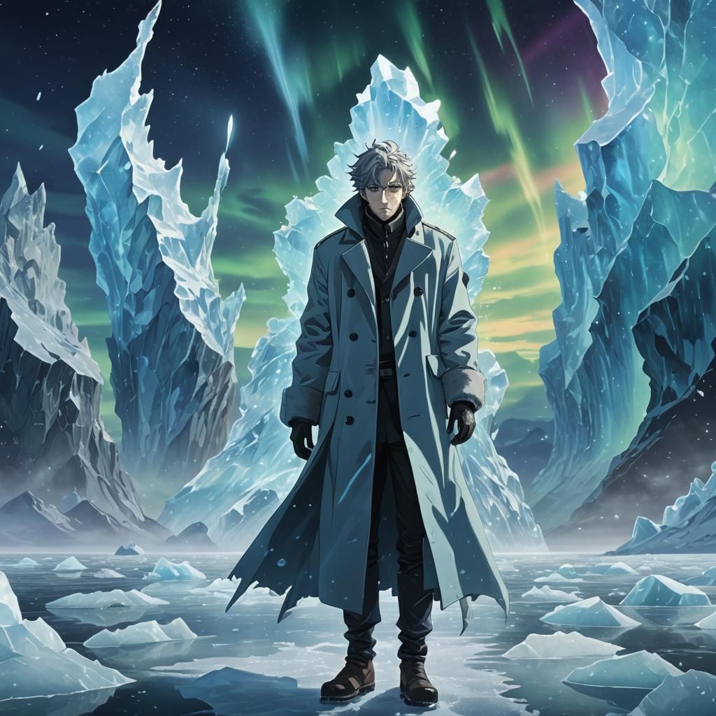 Icy Anime Man in Frozen Ocean Landscape