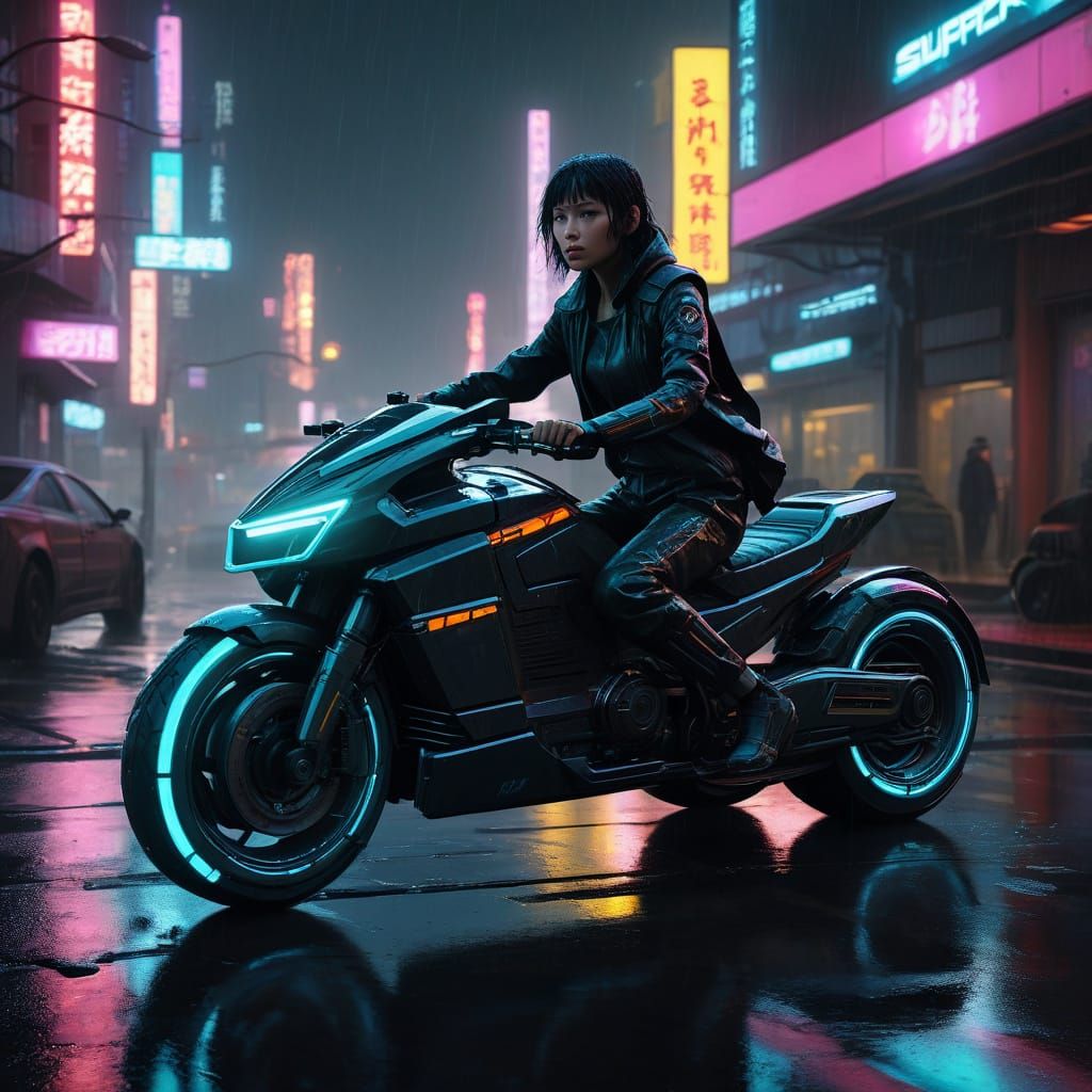 Cyberpunk Heroine Rides Neon-Hued Hoverbike Through Rainy Ci...