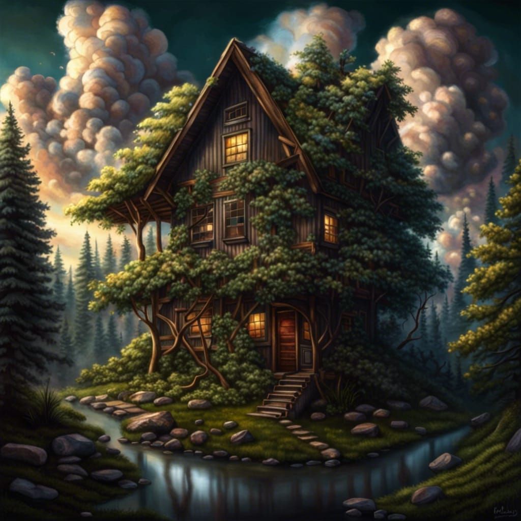 Cozy Cabin in Fantasy Forest with Heavenly Sky