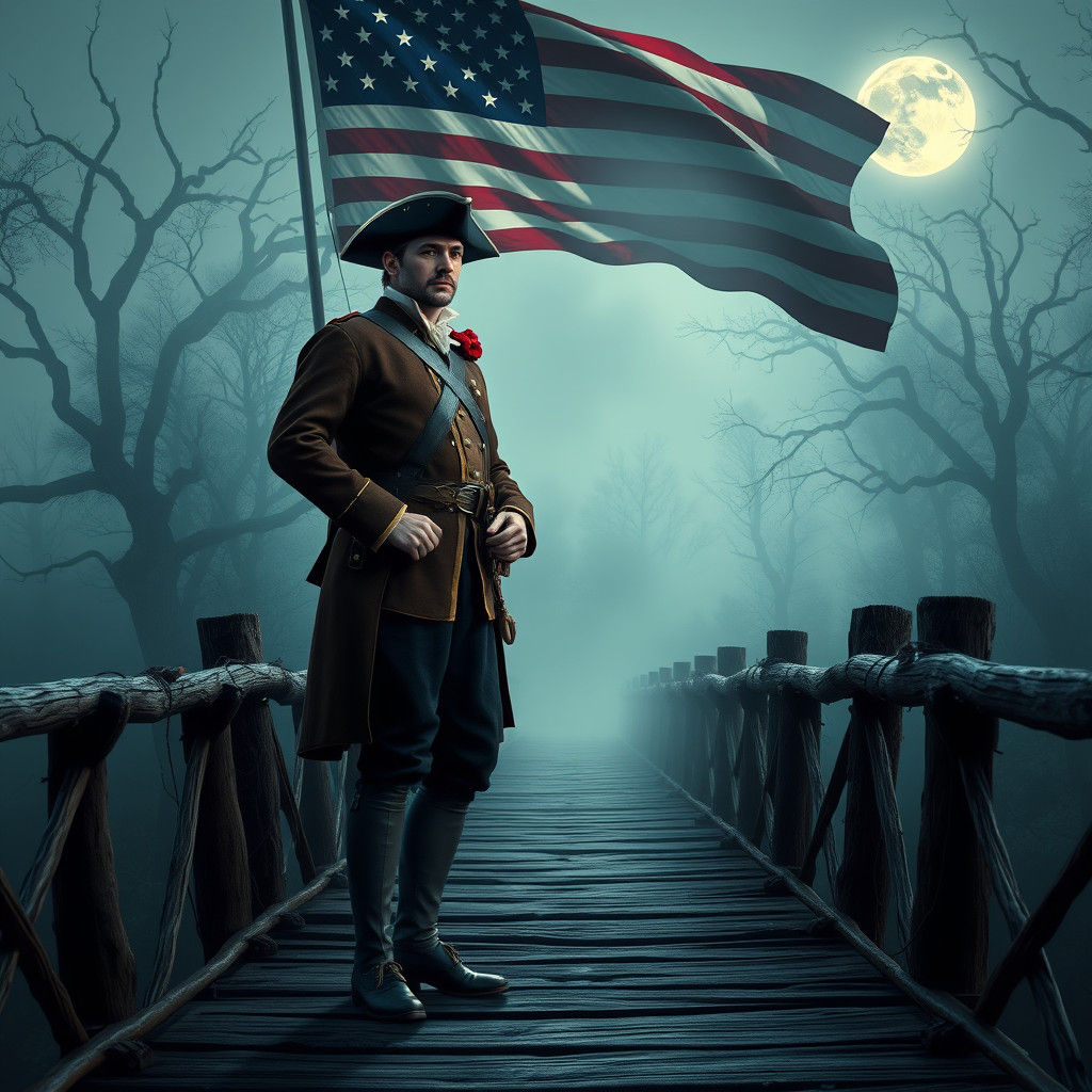 Colonial Minuteman Guarding Bridge in Misty Forest