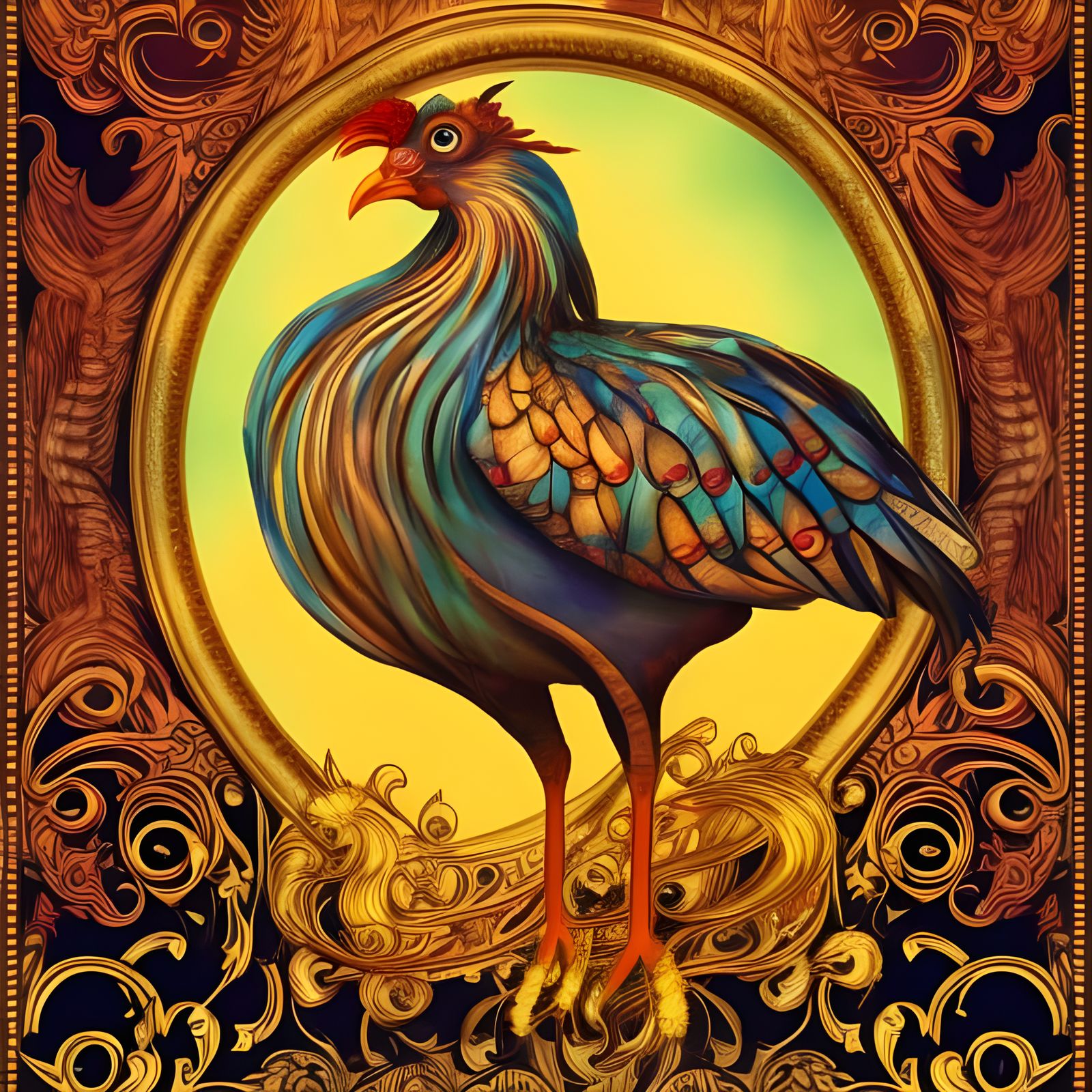 Majestic Chicken Circus Performer in Art Nouveau Style