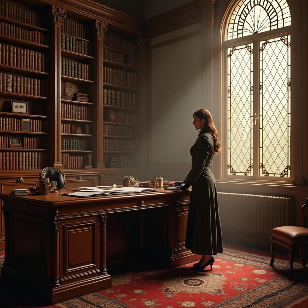 Victorian Hotel Office with Brunette Woman, Concept Art