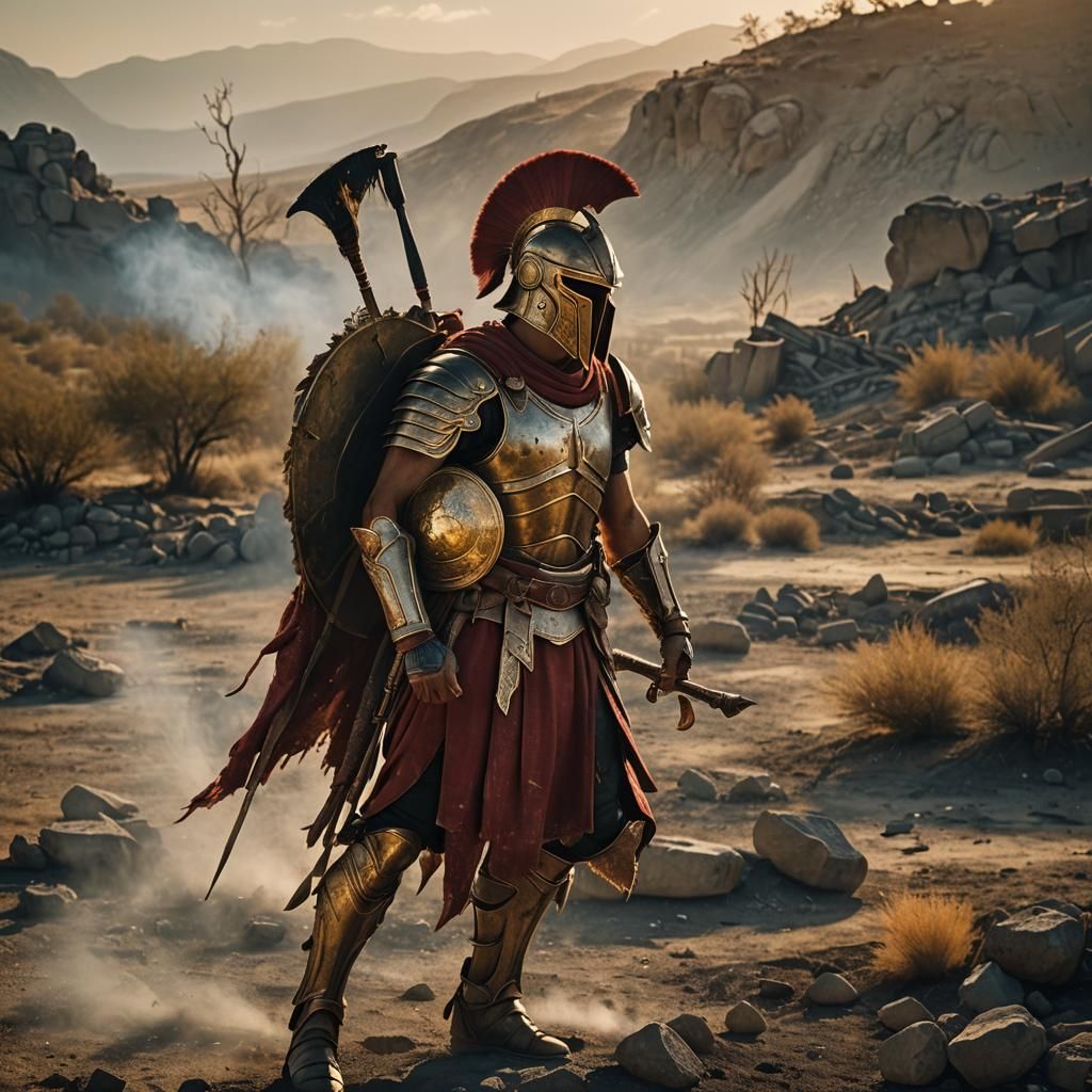 Epic Greek Warrior in Smoldering Landscape