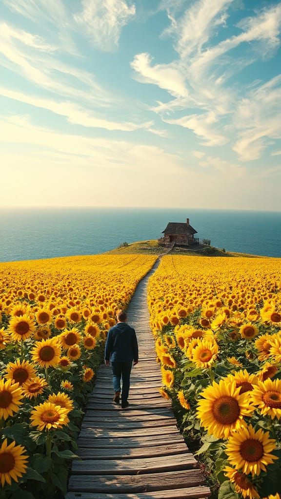Surreal Ocean of Sunflowers Towards Horizon