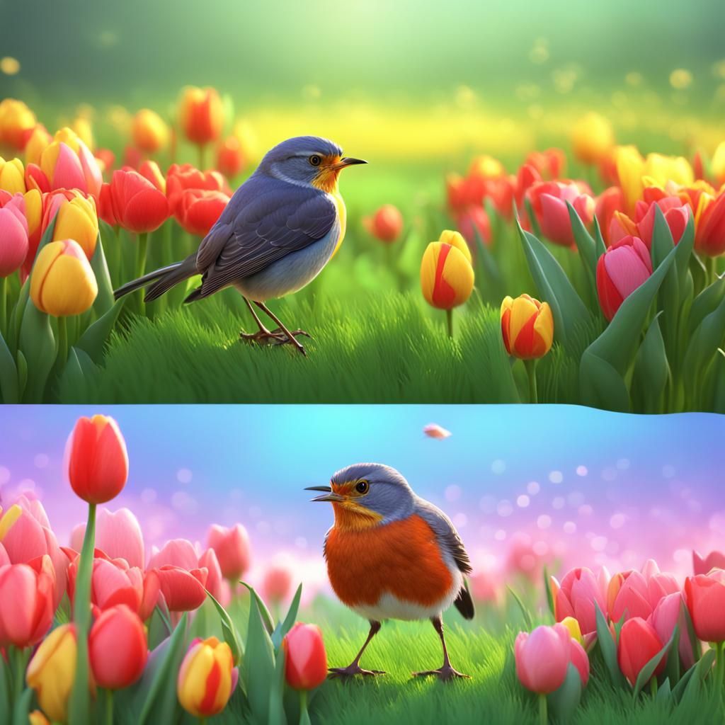 Western Robin Among Spring Tulips: 3D Digital Art