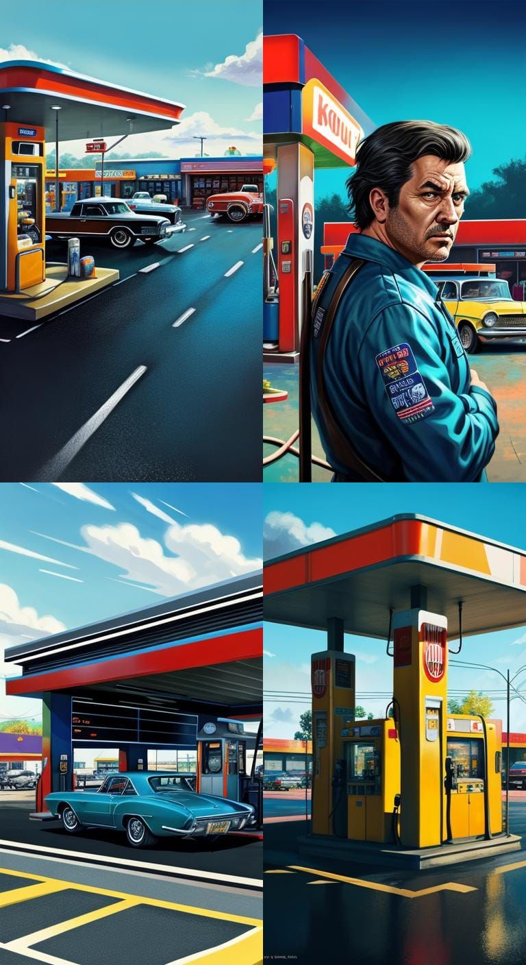1960s Gas Station in Hyperrealistic Splash Art