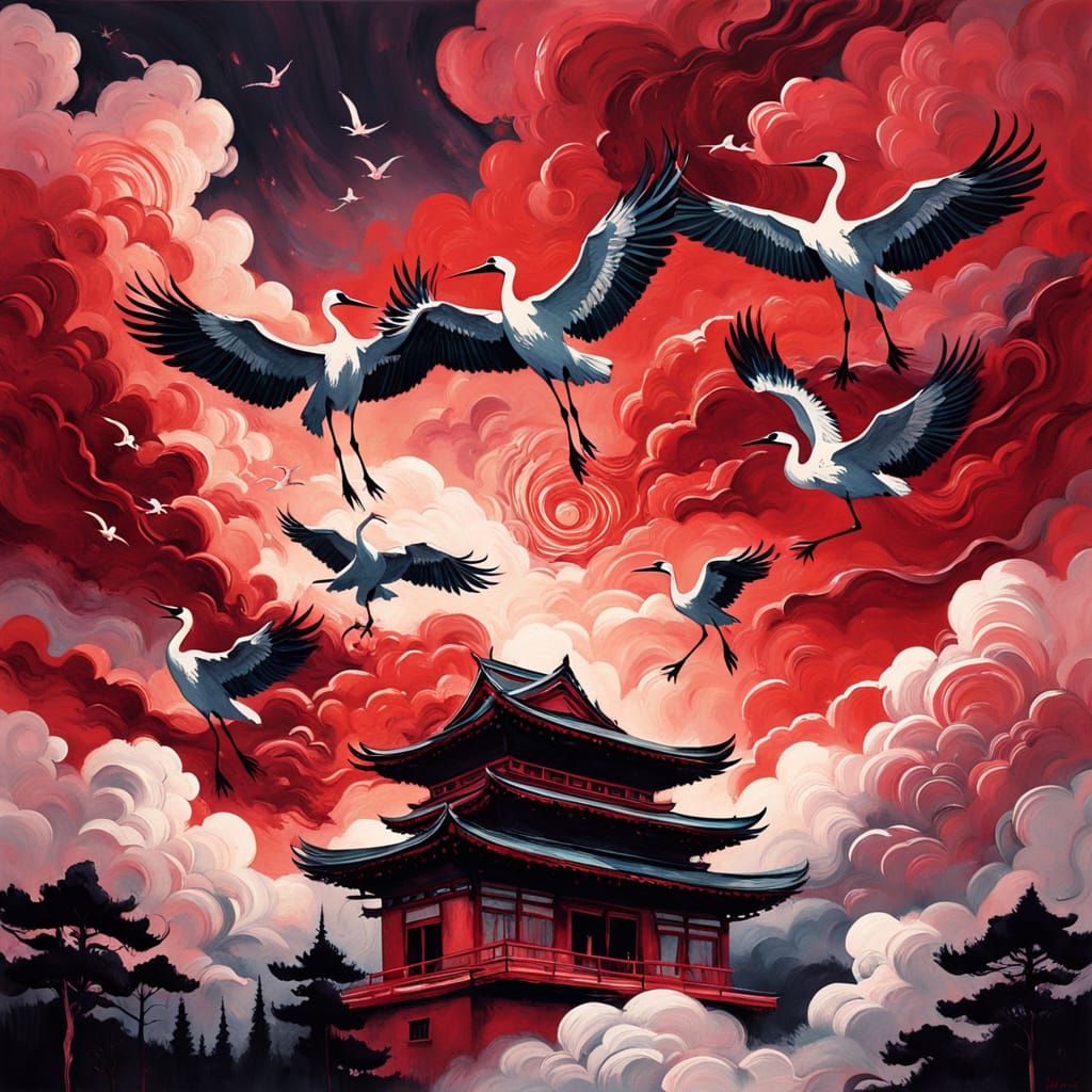 Medieval Japanese Mansion Silhouetted Against Crimson Sky in...