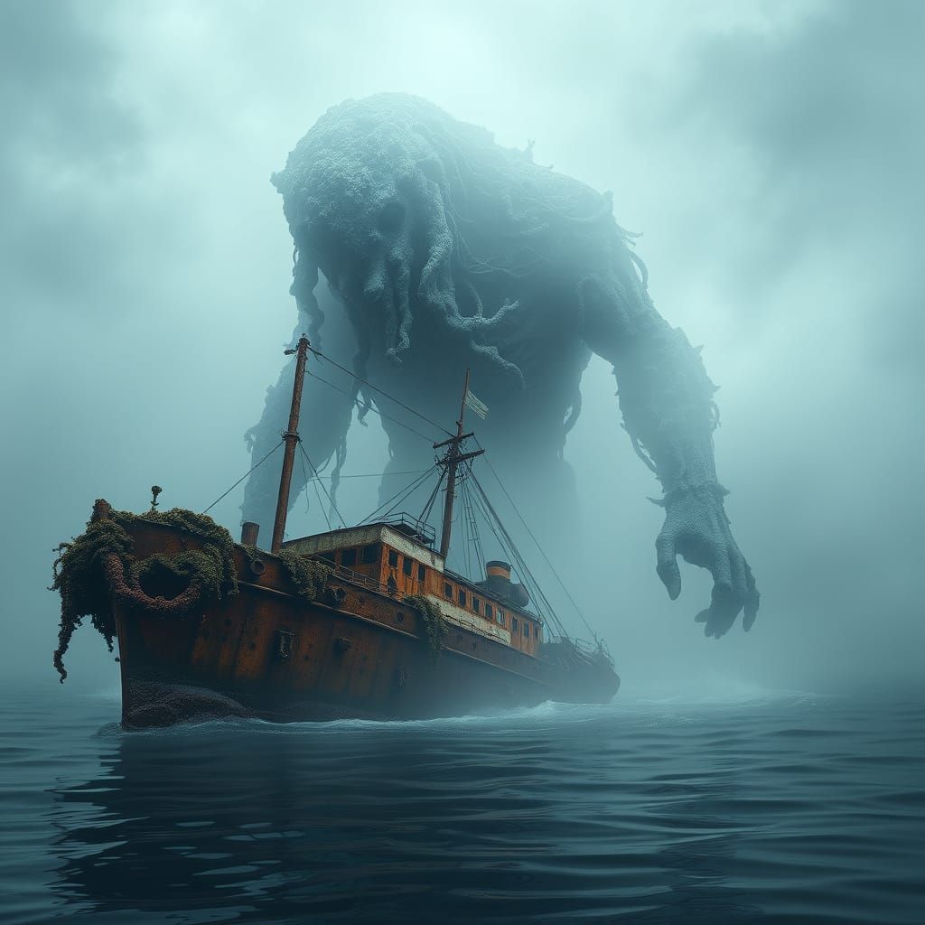 Eerie Sea Giant Rises From Mist, Detailed Matte Painting