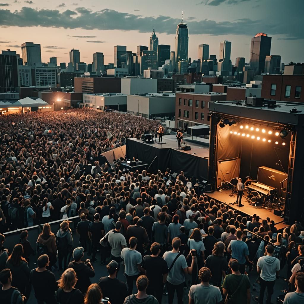 Rooftop Rock Concert: Cinematic Film Still