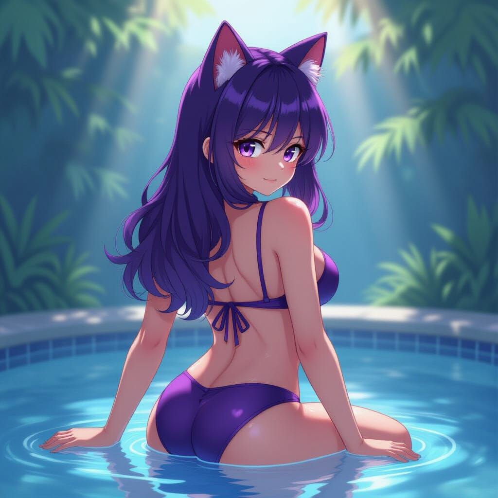 Vibrant Manga-Inspired Purple Cat Girl Anime Wallpaper