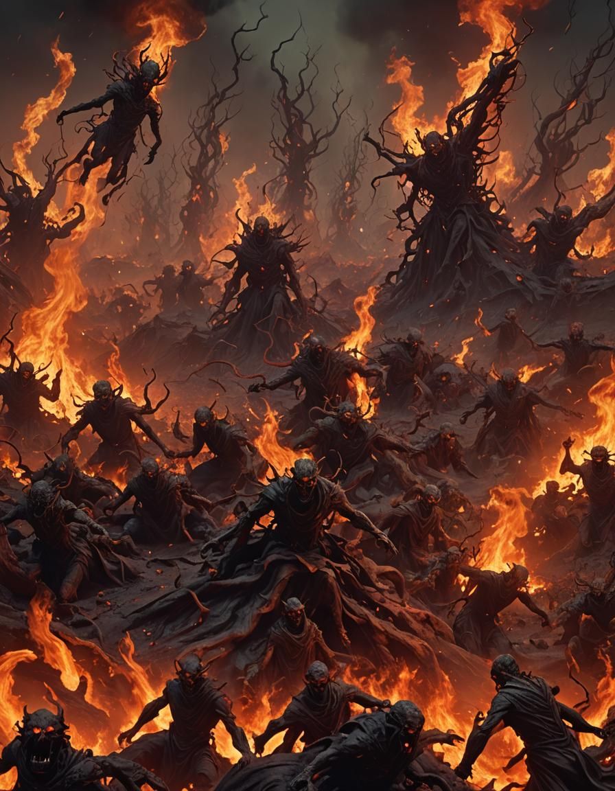 Tormented Souls in Fiery Dystopian Landscape