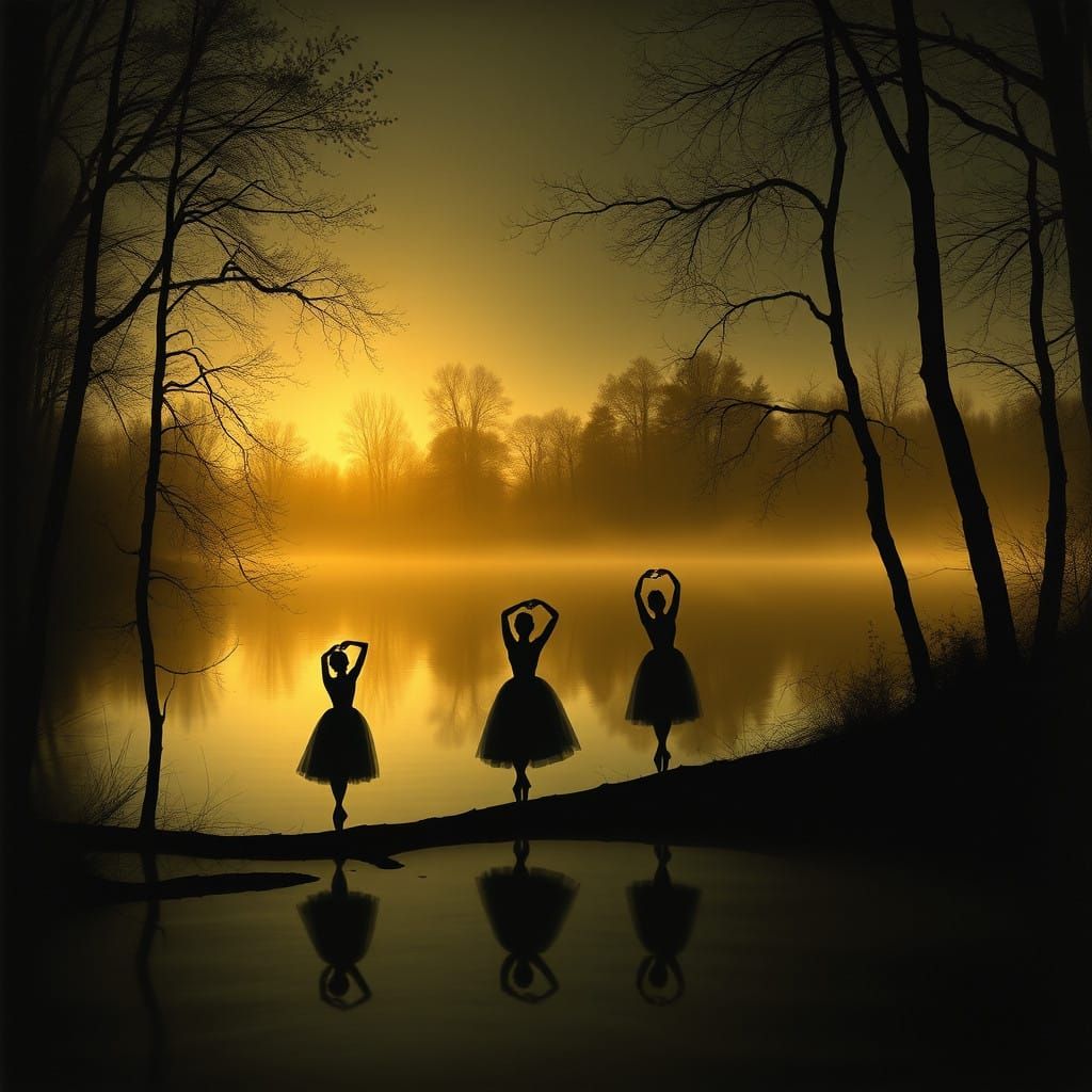 Mystical Moonlit Lake Scene with Ballerina Silhouettes