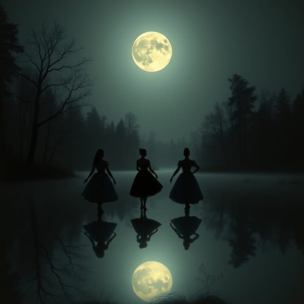 Moonlit Lake in a Gothic Style with Ballet Dancers Silhouett...