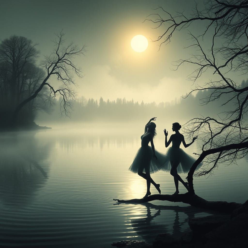Ethereal Ballerinas Silhouetted Against a Moonlit Dark Lake