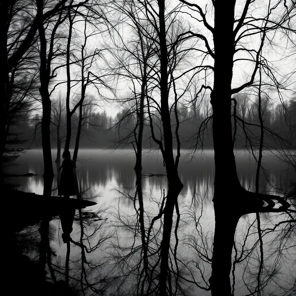 Mysterious Moonlit Lake Scene with Ballerina Silhouettes