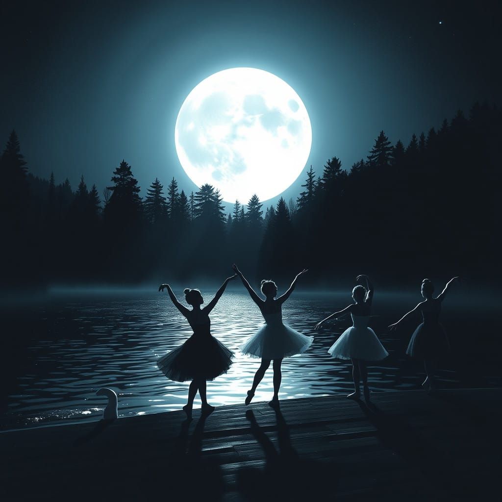 Mystical Moonlit Lake Scene with Ballet Dancers in Silhouett...