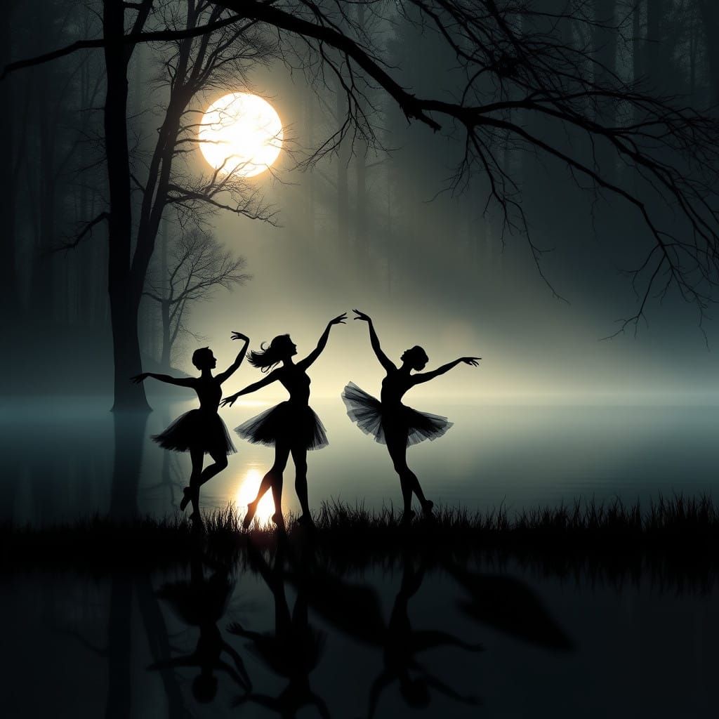 Mystical Dark Lake Under Silvery Moonlight with Elegant Ball...