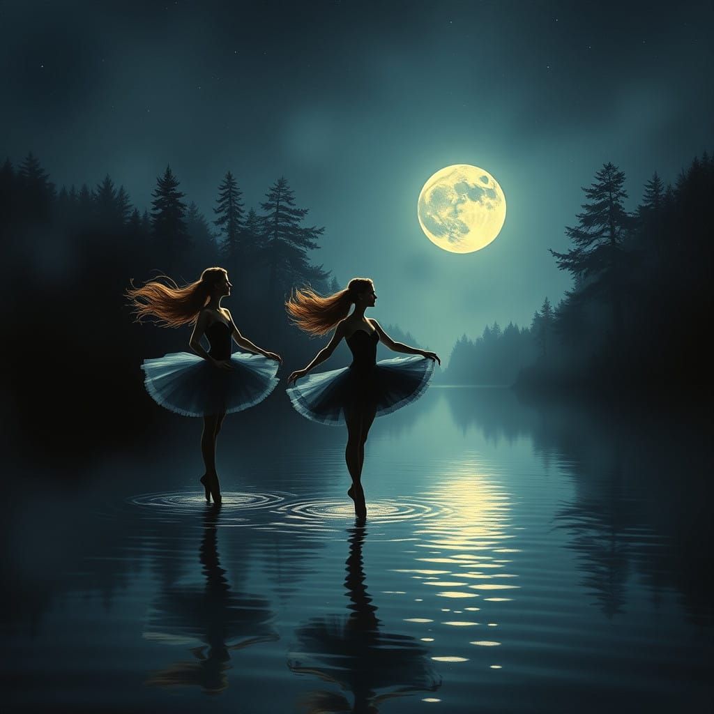 Majestic Ballerinas Silhouettes Reflected in Moonlit Lake