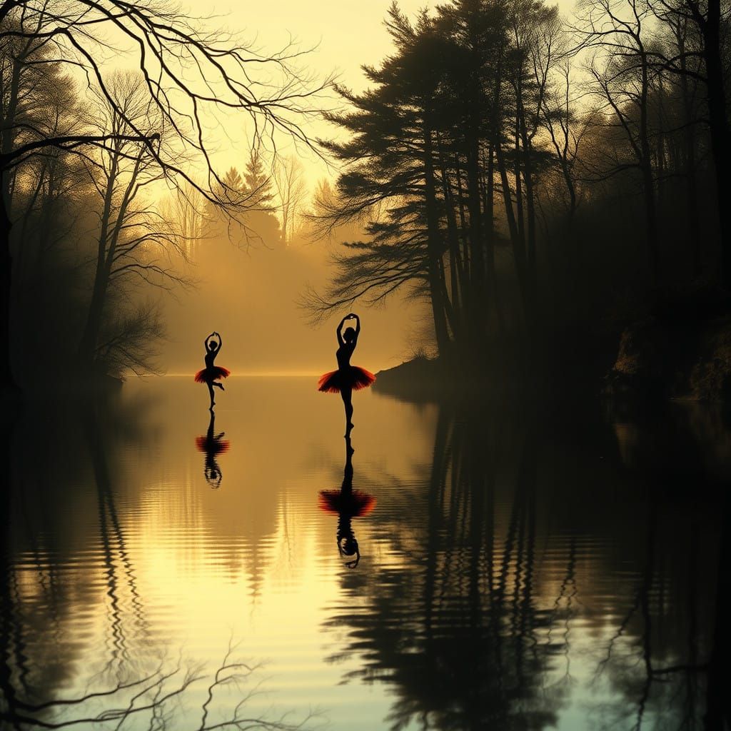 Moonlit Lake Scene with Ballerinas in Elegant Silhouettes