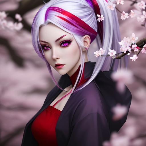 Anime Woman with White Hair and Cherry Blossoms