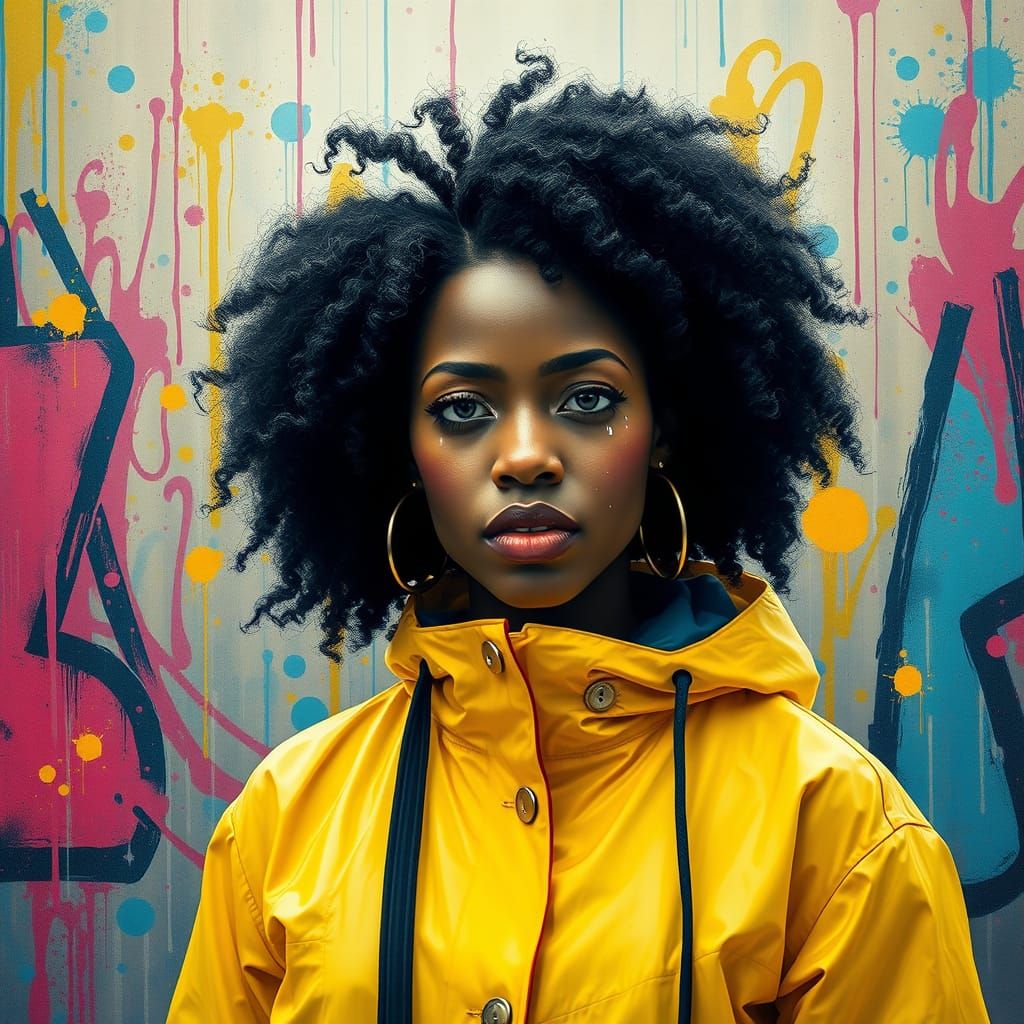 Vibrant Graffiti Portrait of a Crying Woman in the Rain