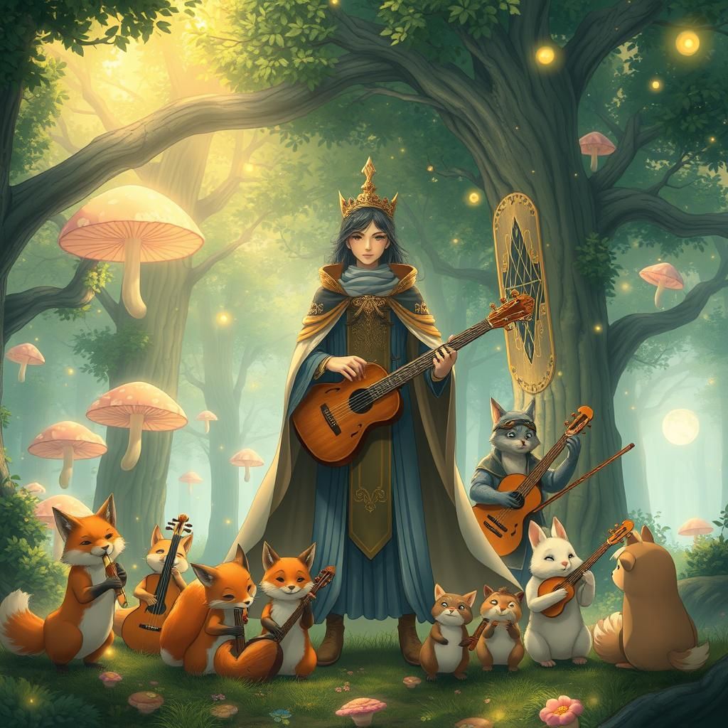 Anime Forest Guardian with Musical Animals