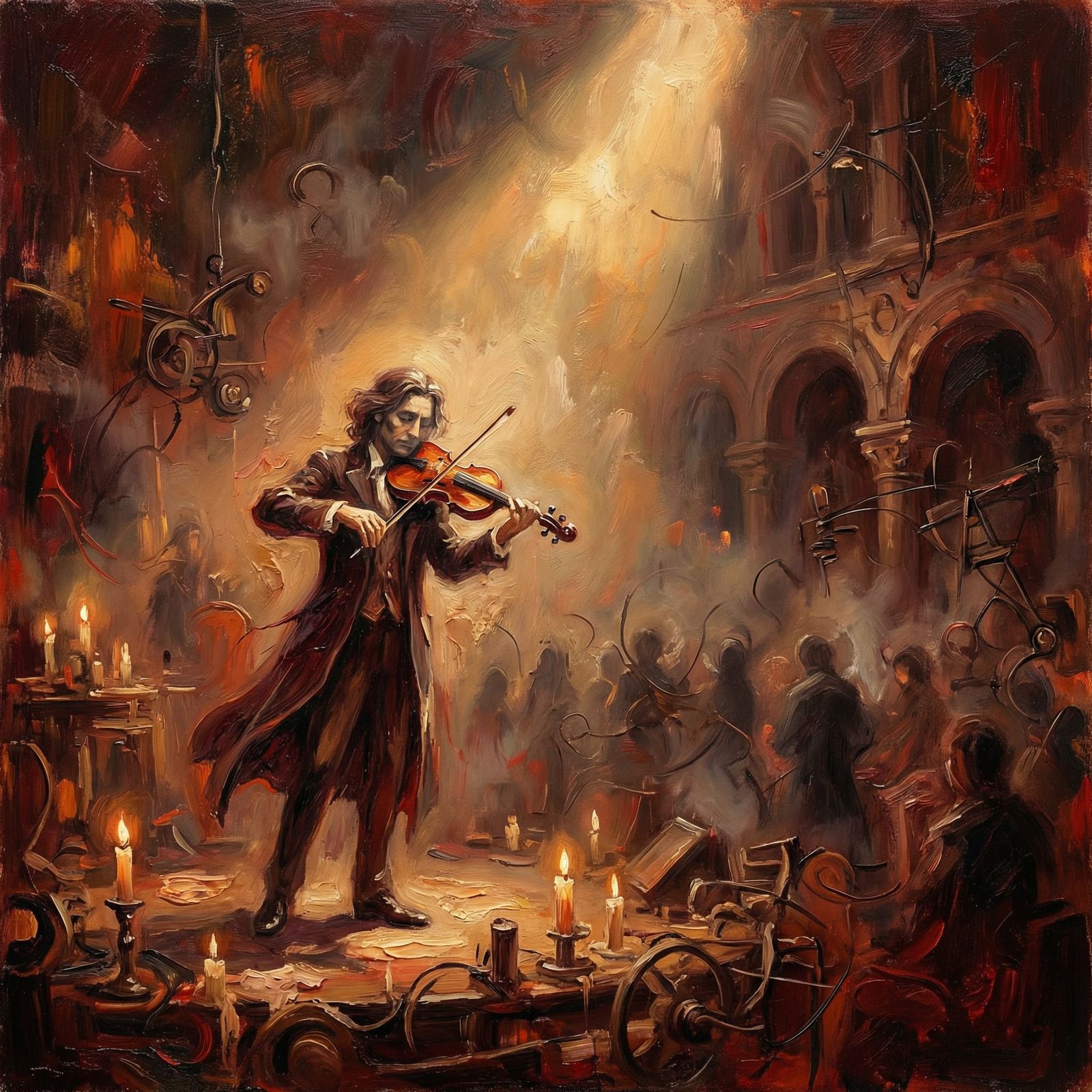 Violinist in Spotlight at Smoky Concert Hall, Romantic Impas...