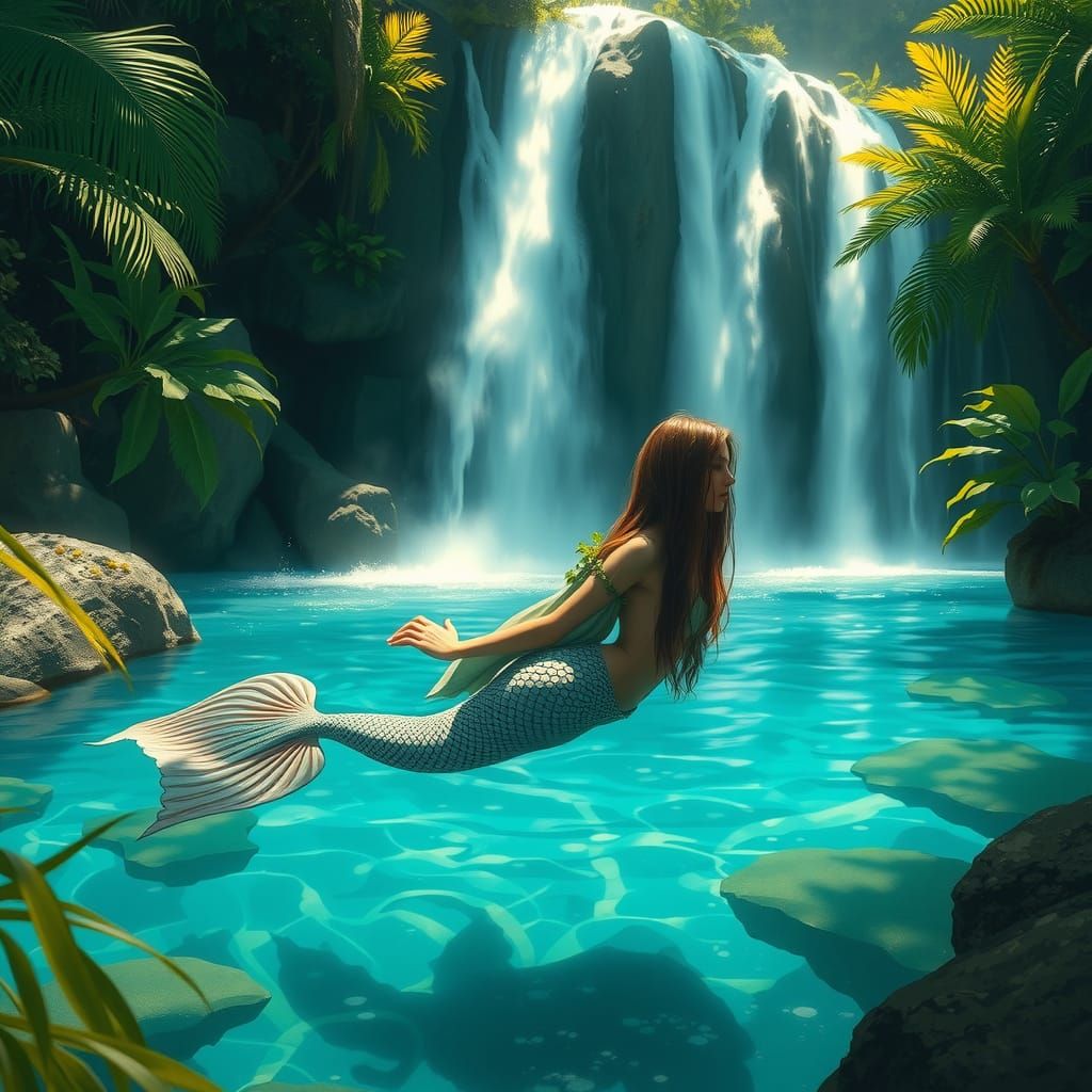 Mermaid in Waterfall Pool, Fantasy Art