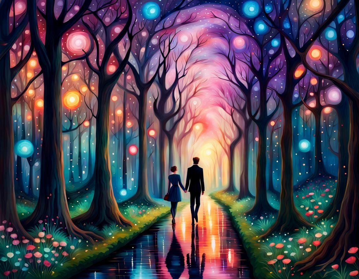Enchanted Evening Forest: Hyperrealistic Celestial Scene