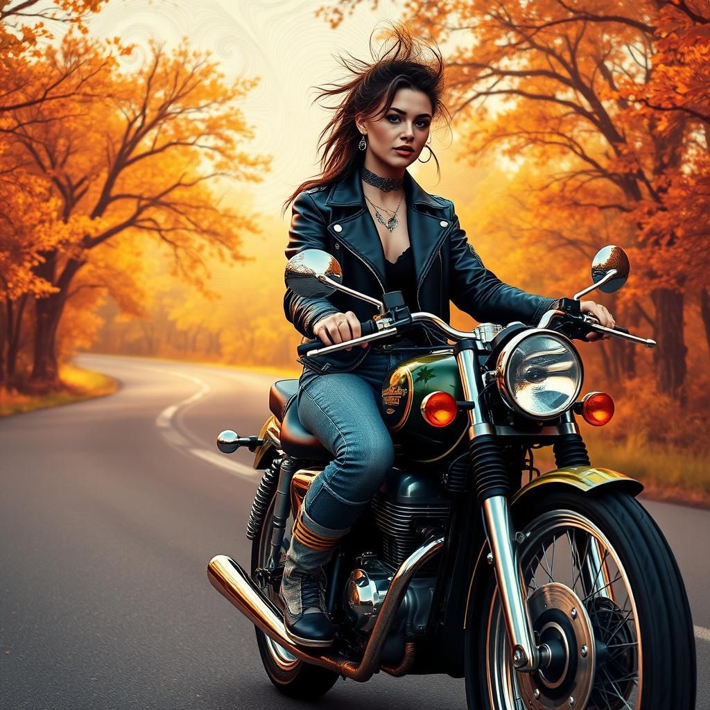 Motorcycle Rider on Autumn Road, in Digital Art Style
