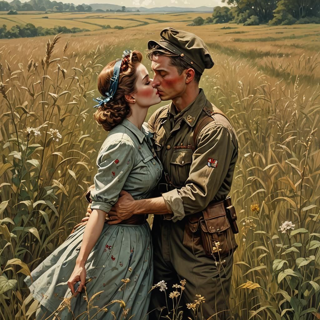Romantic Kiss in Field, Vintage Pin-Up Style