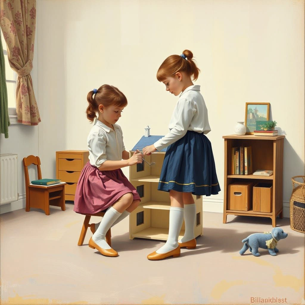 Girls Playing with Dollhouse Painting