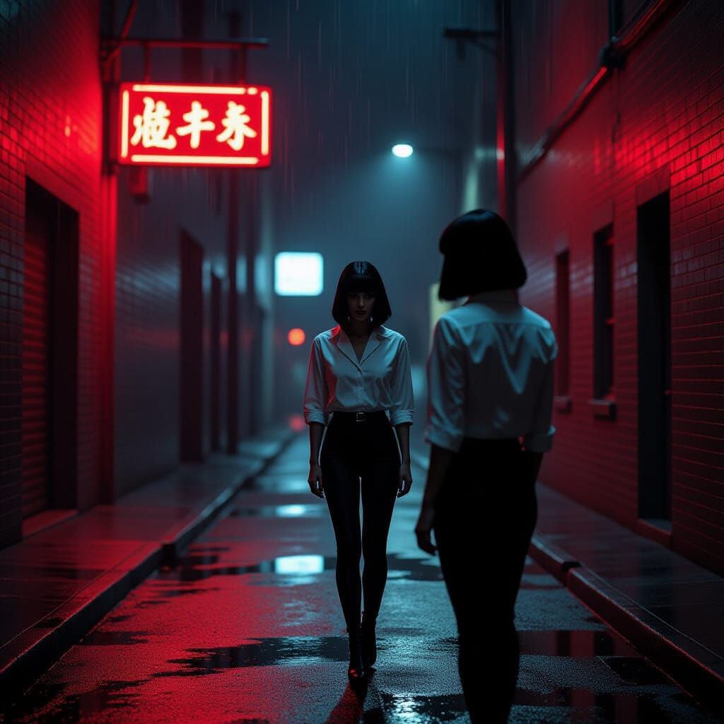 Lone Figure in Neon Alleyway: Cinematic Noir