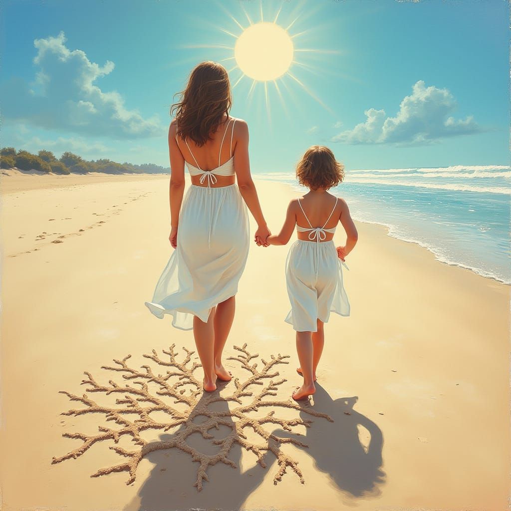 Impressionistic Beach Scene: Mother and Daughter in White Dr...