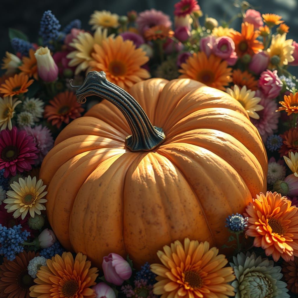 Hyperrealistic Pumpkin Surrounded by Colorful Flowers