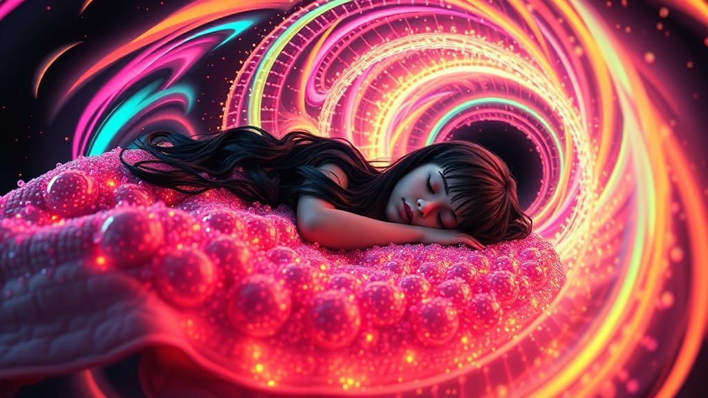 Dreaming Girl in Bioluminescent Celestial Scene