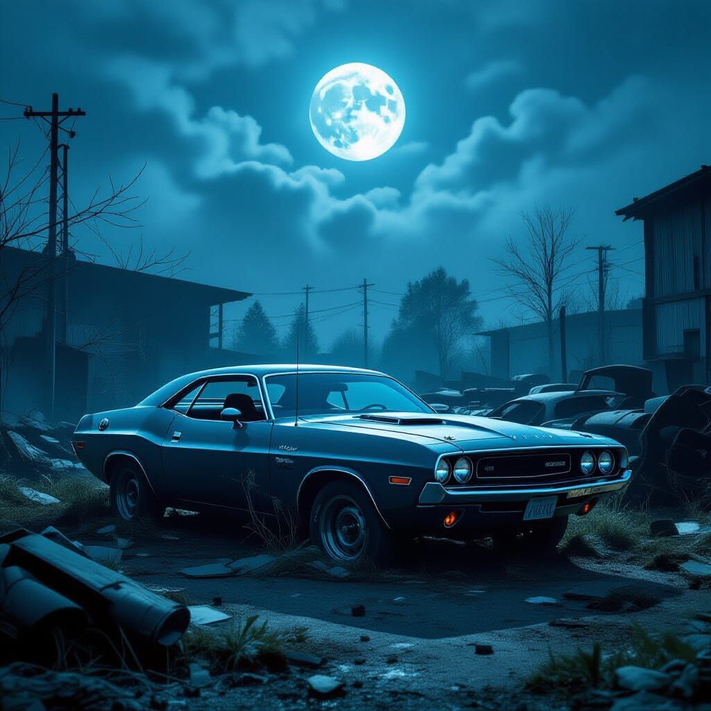Abandoned 1970 Dodge Challenger in Moonlit Junkyard